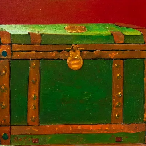 Prompt: A painting of an open treasure chest with thousands of coins, jewels and a magnificent emerald, oil on canvas