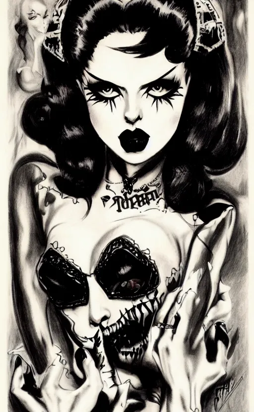 Image similar to of a goth girl burlesque psychobilly, rockabilly, punk, black hair, detailed face, white background, drawing, zoomed out, full body, illustration by frank frazetta