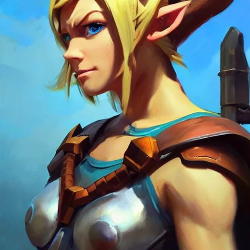 Image similar to greg manchess portrait painting of partially armored female link from legend of zelda as overwatch character, medium shot, asymmetrical, profile picture, organic painting, sunny day, matte painting, bold shapes, hard edges, street art, trending on artstation, by huang guangjian and gil elvgren and sachin teng