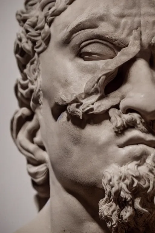 Prompt: Sam Hyde sculpted as a Greek God by Michaelangelo, sigma male, rule of thirds, close up, award winning photo, highly detailed features, unreal engine, studio lighting, set in Greek museum