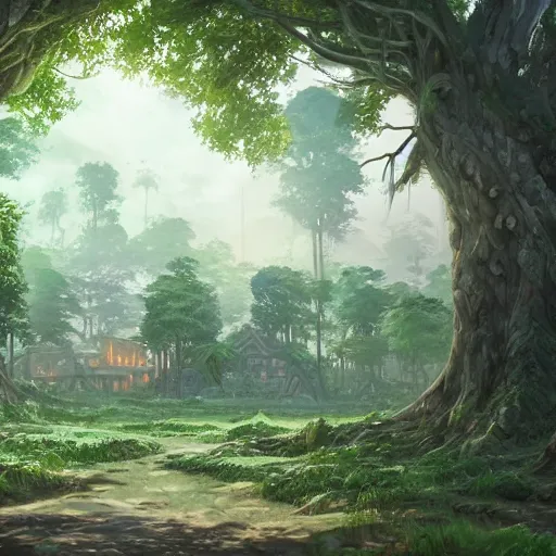 Prompt: concept art painting of a forest city with houses made of trees and roots, giant trees, realistic, detailed, cel shaded, in the style of makoto shinkai and greg rutkowski and james gurney