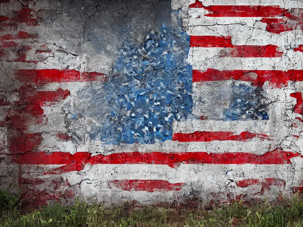 Image similar to an old cinder block wall painted with a mural of an american flag, cracked paint, rust stains and aging features