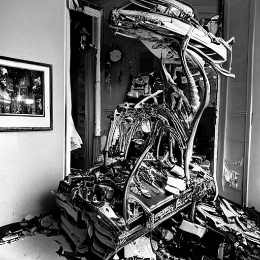 Prompt: unnerving ivory, clockpunk by h. r. ( hans ruedi ) giger. a body art of a room that is wrecked, furniture overturned, belongings strewn about, & debris everywhere. the only thing left intact is a photograph on the wall shows a tidy, well - appointed space, with everything in its place.