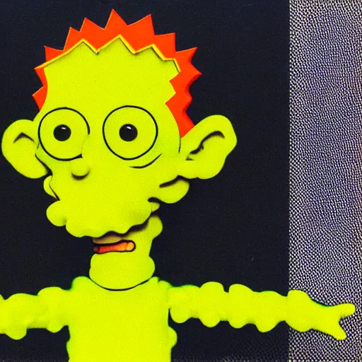 Prompt: claymation Bart Simpson Dobby, analog glitch art