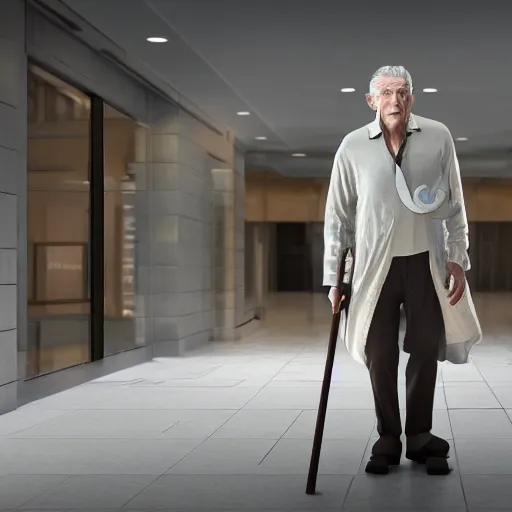 Prompt: Ian McKellen dressed as an evil wizard, holding walking stick, standing in lobby of office building, style of GTA V, octane render