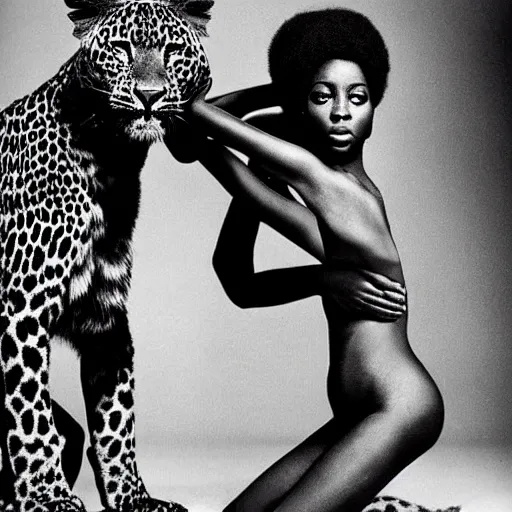 Image similar to a beautiful african lady and the black leopard, black and white, by richard avedon,