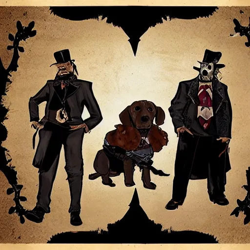 Image similar to portrait of a ragtag team of three dogs dressed as thieves in a dark haunted steampunk setting