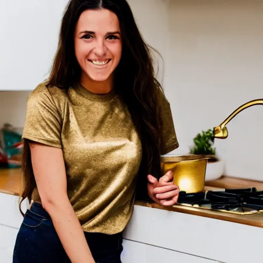 Image similar to a candid photo of a brunette female, young, athletic, australian, wearing a gold tshirt in a kitchen