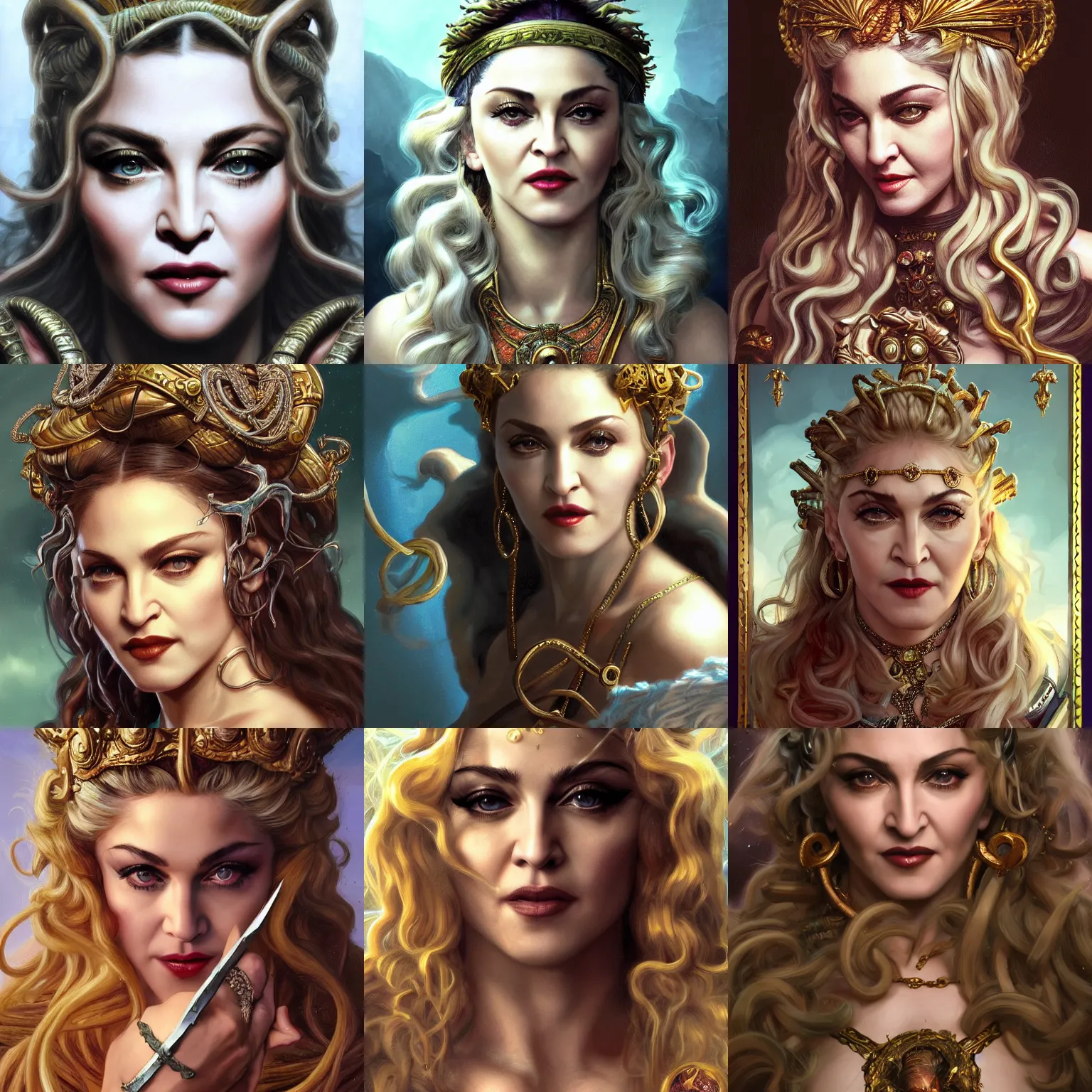 Prompt: Madonna, the singer, as Medusa closeup, D&D, fantasy, intricate, elegant, highly detailed, digital painting, artstation, concept art, matte, sharp focus, illustration, hearthstone, art by Artgerm and Greg Rutkowski and Alphonse Mucha