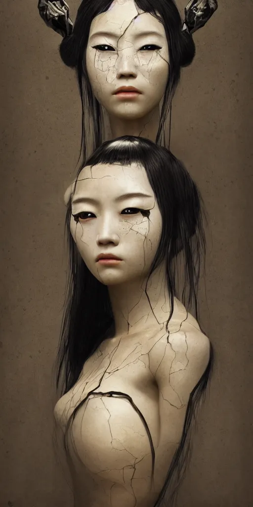 Image similar to portrait of a futuristic geisha with crying black eyes, kintsugi, modern fine art, fractal, intricate, elegant, highly detailed, digital photography, subsurface scattering, by jheronimus bosch and greg rutkowski,