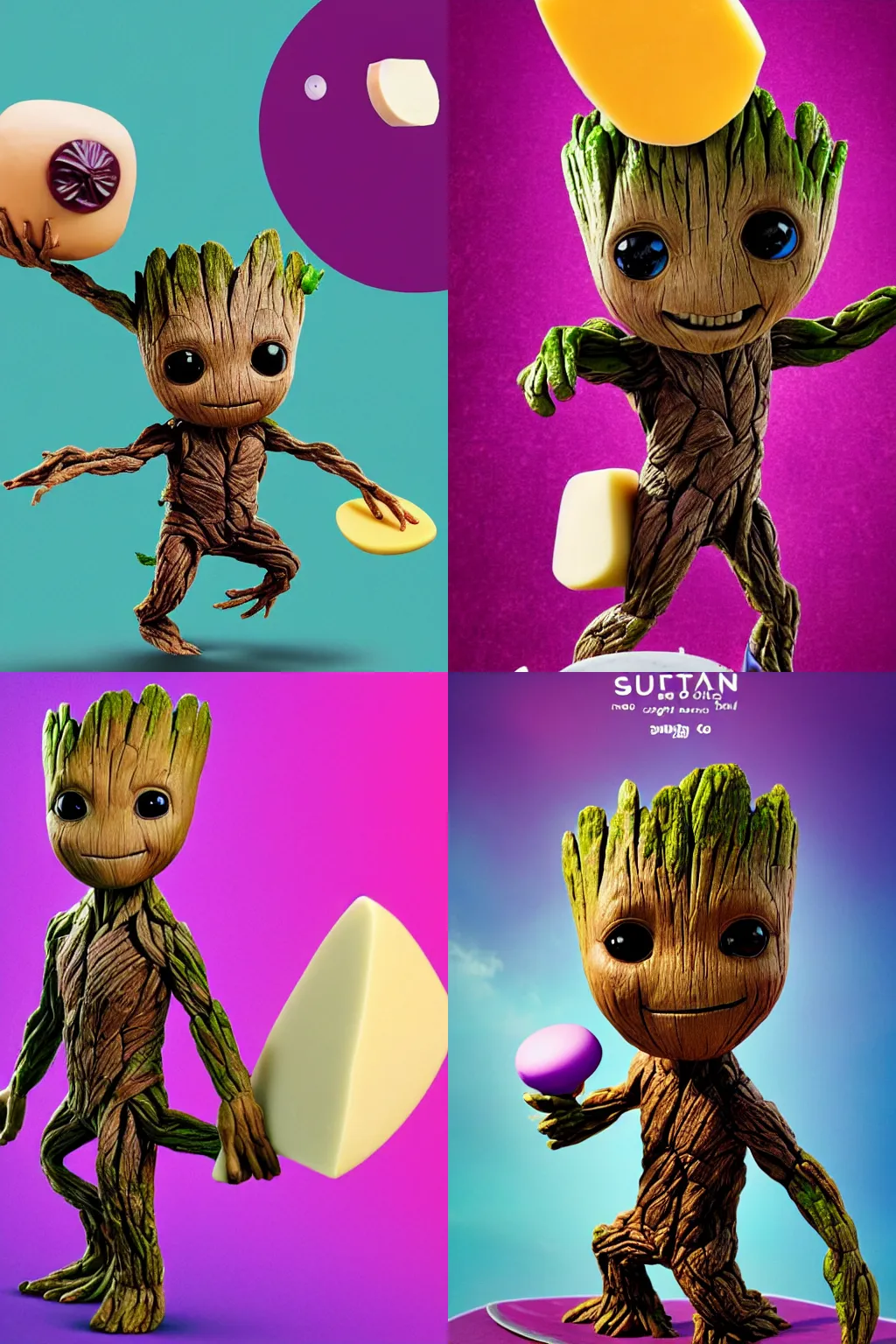 Prompt: little Groot, riding a surfboard shapes like a bar of purple soap, ball of cheese in left hand, cinematic angle, poster style