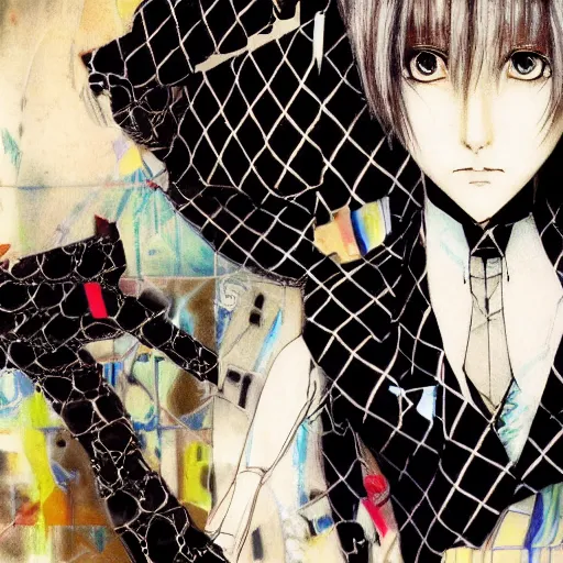 Image similar to Yoshitaka Amano realistic illustration of an anime girl with short white hair and black eyes wearing tuxedo, abstract black and white patterns on the background, noisy film grain effect, highly detailed, Renaissance oil painting, serial experiments lain color palette