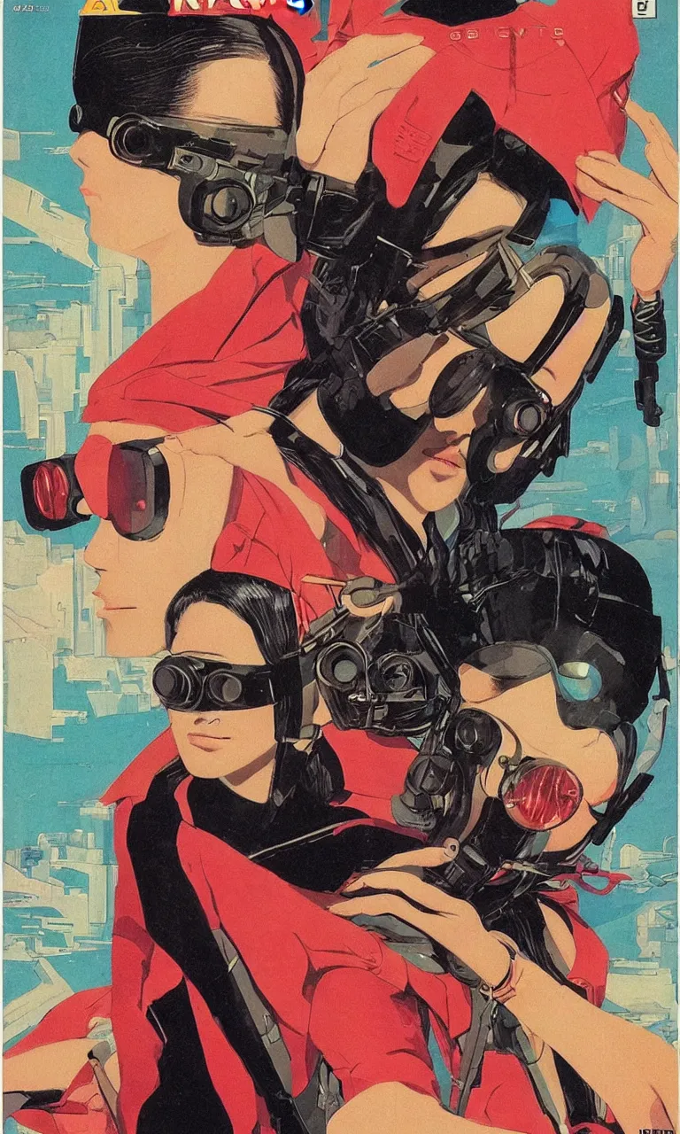 Image similar to 1979 OMNI Magazine Cover depicting a portrait of a Beautiful woman wearing a Gucci kimono and AR goggles, Cyberpunk Akira style by Vincent Di Fate