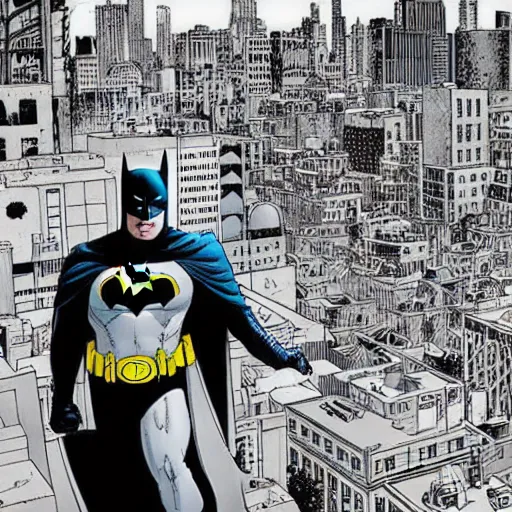 Image similar to batman in complex city background, by Geoff Darrow