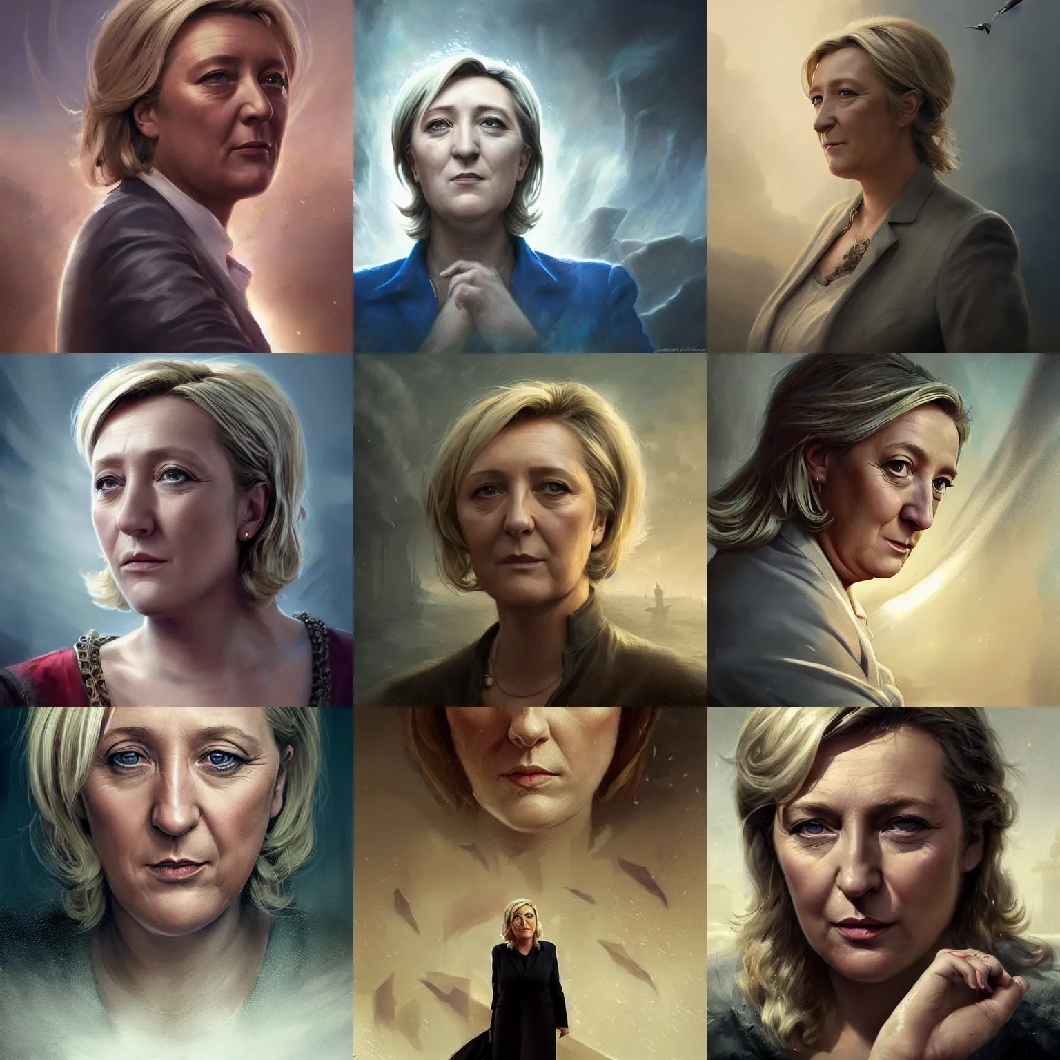 Prompt: Portrait of Marine le Pen , heroic, amazing splashscreen artwork, splash art, head slightly tilted, natural light, elegant, intricate, fantasy, atmospheric lighting, cinematic, matte painting, detailed face, by Greg rutkowski