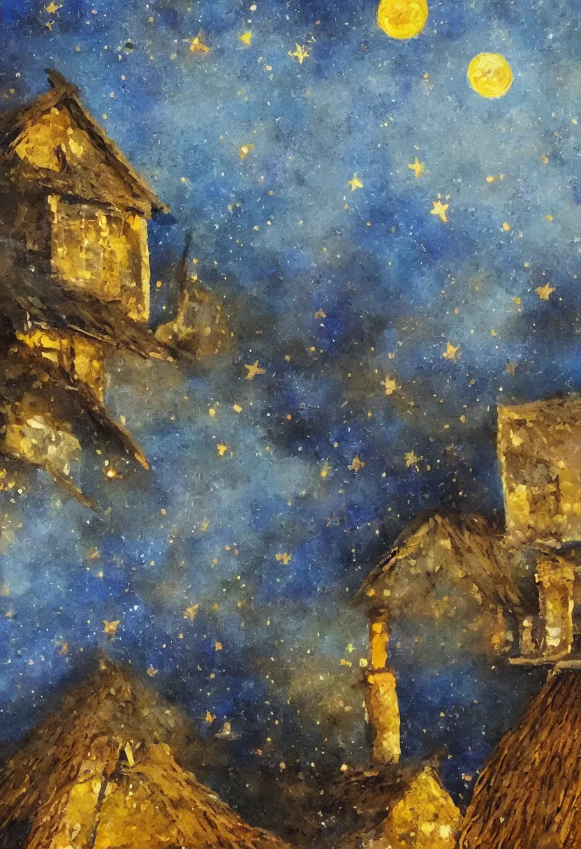 Prompt: Expressive saturated oil painting on canvas with rough strokes, at night a big ceramic jug with gold ornaments flies high in the night dark blue sky above a small white house under a thatched roof, stars in the sky, rich painting colors