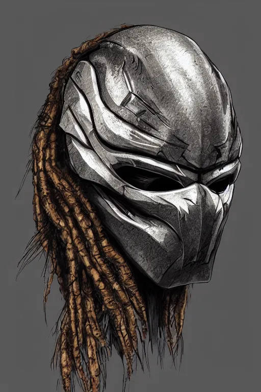 Image similar to predator 1 9 8 7 masked face redesign, portrait, highly detailed, black smooth dreadlocks, mandables, digital painting, trending on artstation, concept art, illustration