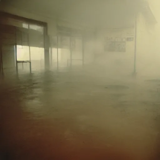 Image similar to Beautiful cameraphone 2000s, liminal soft Photograph of foggy abandoned Store with water on the floor