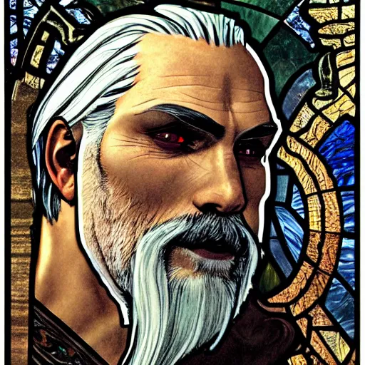 Prompt: beautiful detailed side - view portrait of vesemir, an old witcher, amber eyes, dark grey hair, half ponytail, mustache, stained glass art, brown background, by alphonse mucha, masterful