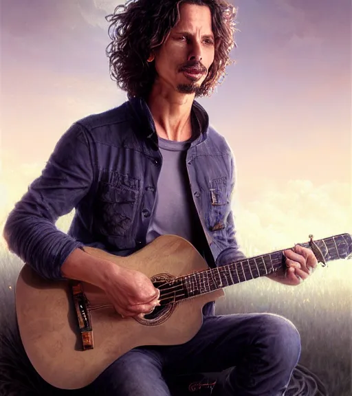 Prompt: highly detailed portrait of chris cornell playing a guitar, sitting in the clouds of heaven, stephen bliss, unreal engine, fantasy art by greg rutkowski, loish, rhads, ferdinand knab, makoto shinkai and lois van baarle, ilya kuvshinov, rossdraws, tom bagshaw, global illumination, radiant light, detailed and intricate environment