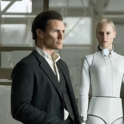 Prompt: Westworld 2016 HBO series, labs backrooms, white drone androids performing tasks, sterile emotionless cold