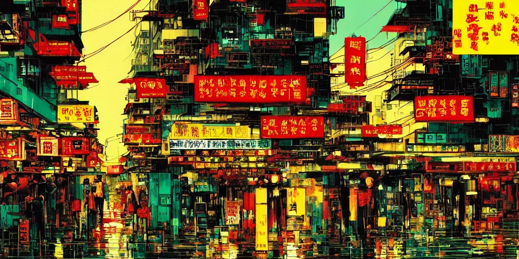 Image similar to artwork of wong kar - wai's hong kong street, by dan mumford and toshi yoshida and peter doig, vintage, highly detailed, dramatic lighting, 8 k