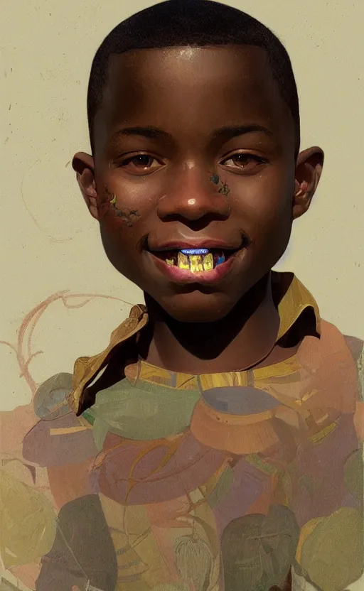 Image similar to colourful upper half portrait of an african boy with sliver teeth grillz, art by hsiao - ron cheng & alphonse mucha, highly detailed, digital painting, ray tracing, concept art, illustration, smooth sharp focus, intricate, symmetry, artstation,