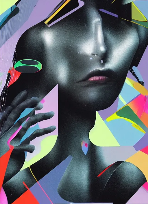 Image similar to futuristic lasers tracing, colorsmoke, fullbodysuit, pyramid hoodvisor, face cover, raindrops, wet, oiled, beautiful cyborg girl, by steven meisel, kaws, rolf armstrong, mondrian, hannah af klint perfect geometry abstract acrylic, octane hyperrealism photorealistic airbrush collage painting, monochrome, fluorescent colors, minimalist rule of thirds, eighties eros