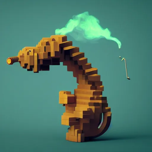 Prompt: creature made of voxels smoking a pipe, octane render, 8k