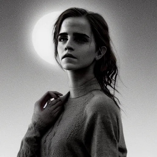 Image similar to psychedelic concept art illustration of Emma Watson with a dark moon in the far distance, trending on artstation, by zdzisław beksiński, 3d render, octane render, intricately detailed artwork, full 8k high quality resolution, recently just found unknown masterpiece