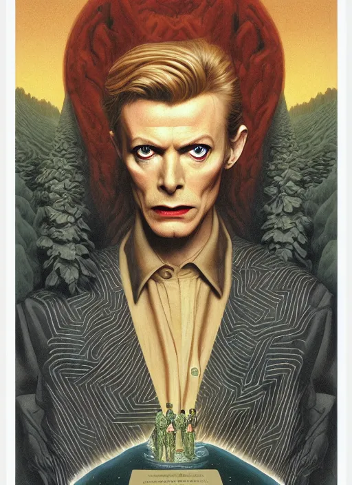 Image similar to twin peaks poster art, david bowie stands before the maze, old retro pulp, by michael whelan, rossetti bouguereau, artgerm, retro, nostalgic, old fashioned