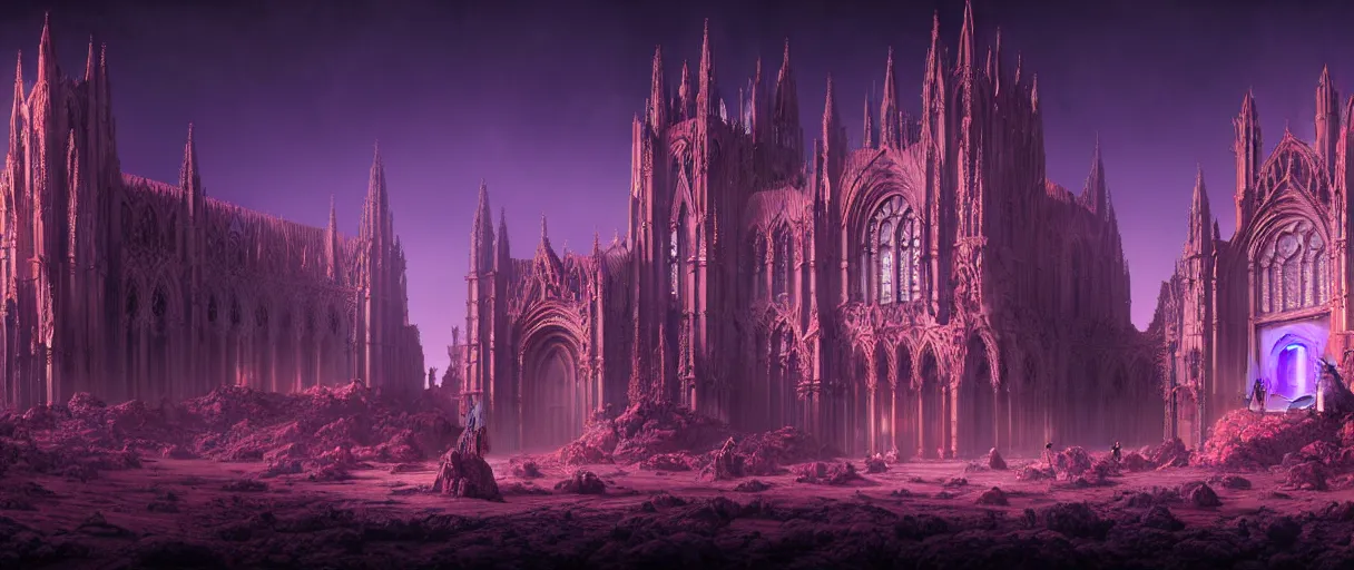 Image similar to hyperrealistic hyper detailed night shot of neo-gothic monastery on mars surrounded by giant blue carnivorous flowers matte painting concept art maciej kuciara gustave courbet very dramatic purple lighting high angle hd 8k sharp shallow depth of field