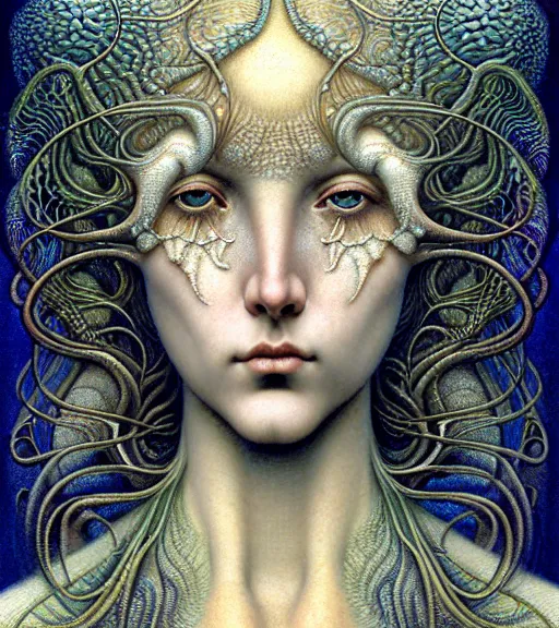 Image similar to detailed realistic beautiful beach goddess face portrait by jean delville, gustave dore, iris van herpen and marco mazzoni, art forms of nature by ernst haeckel, art nouveau, symbolist, visionary, gothic, neo - gothic, pre - raphaelite, fractal lace, intricate alien botanicals, ai biodiversity, surreality, hyperdetailed ultrasharp octane render