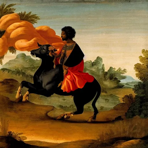 Image similar to black man with afro hair wearing an army green cloak, riding!!! an orange!! bull!!!, renaissance style painting