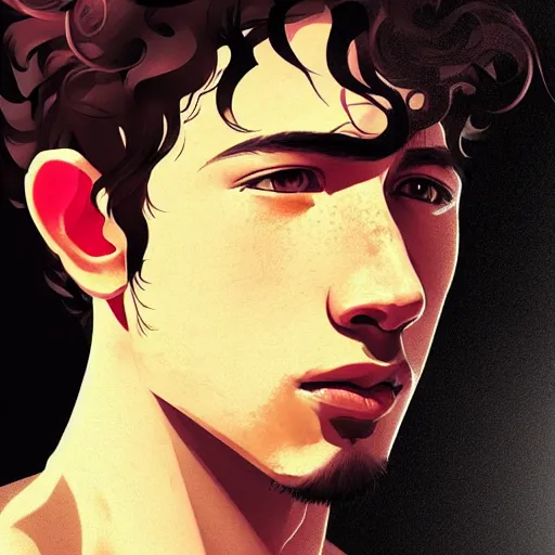 Image similar to Portrait of man with Nick Jonas's Tousled Curls type hair and Javanese-type skin, atmospheric lighting, intricate detail, cgsociety, ambient light, dynamic lighting, anime style by Yusuke Kozaki