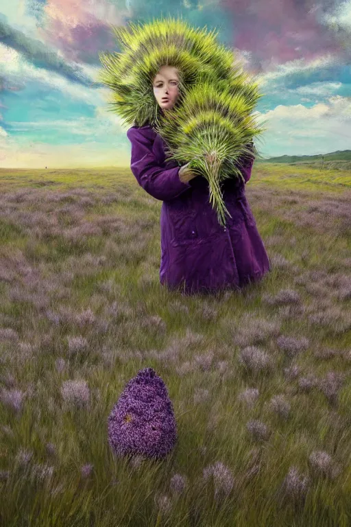 Prompt: portrait, enormous thistle flower head, a girl wearing a coat in heather a field, surreal photography, wind and cold, dramatic sky, impressionist painting, digital painting, artstation, simon stalenhag