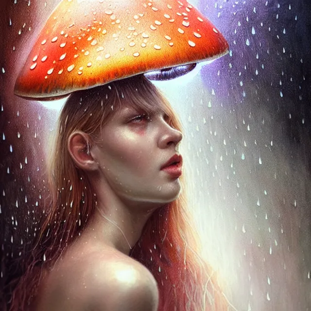 Image similar to bright portrait surreal mushrooms rain on face and wet hair, diffuse overhead lighting, fantasy, intricate, elegant, dramatic lighting, highly detailed, lifelike, photorealistic, digital painting, artstation, illustration, concept art, smooth, sharp focus, art by John Collier and Albert Aublet and Krenz Cushart and Artem Demura and Alphonse Mucha