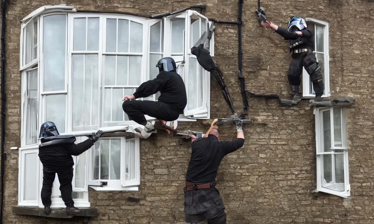 Image similar to photo of overweight mandalorian dismantling sash window in England