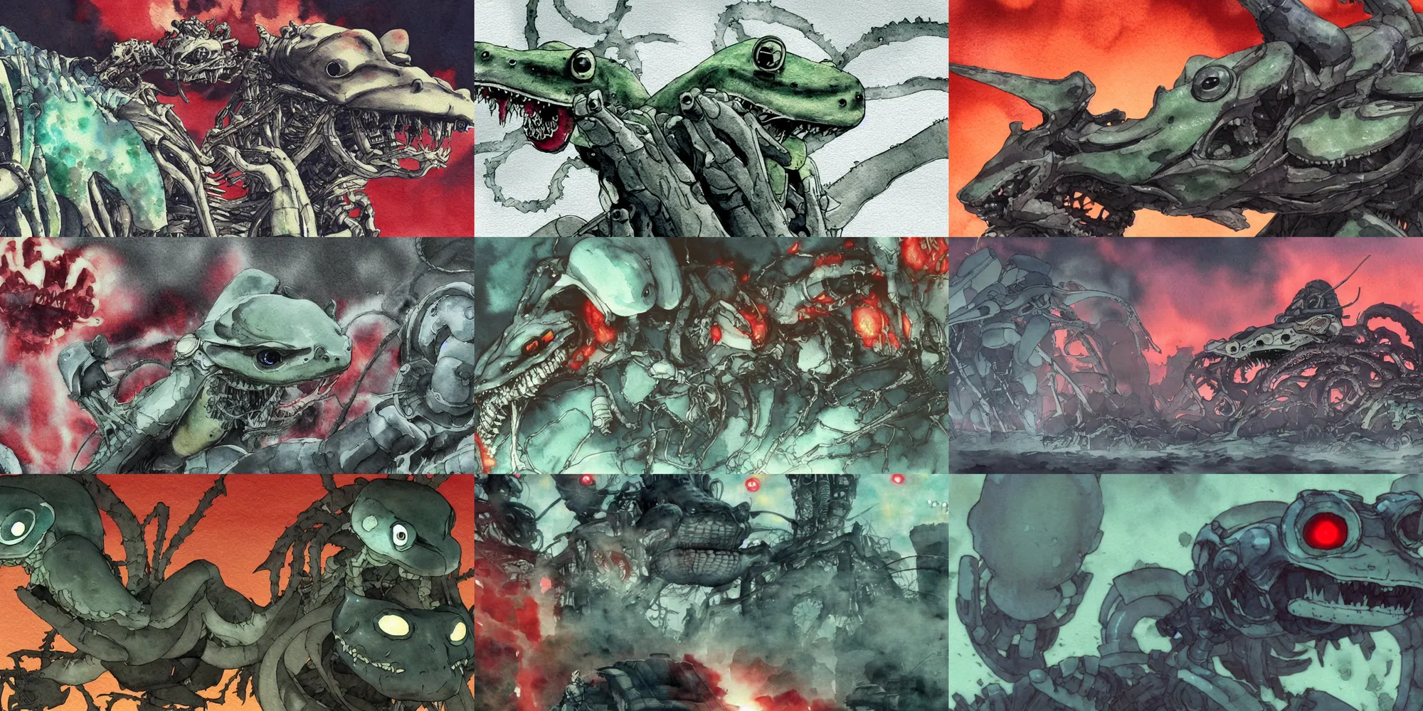 Prompt: incredible screenshot, simple watercolor, masamune shirow ghost in the shell movie scene close up broken Kusanagi tank battle, snake skeleton, hydra, giant face made of stone, hell portal open, ghost, teeth,black smoke, red sky, sunset, bright flash, texture, strange, impossible, cute green frog, fur, spines, mouth, laser, brain, shell, fight, potato skin, brown mud, dust, titanic tank with legs, robot arm, ripped to shreds, wide eyes shocked expression, overhead wires, telephone pole, sparks, lightning, electricity, light rain, shinjuku, cherry blossom, hd, 4k, remaster, dynamic camera angle, deep 3 point perspective, fish eye, dynamic scene