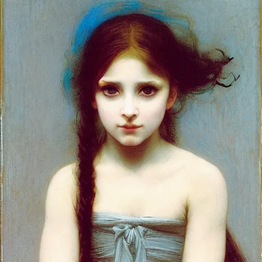 Image similar to little angry girl with blue hair. By Bouguereau. Ruan Jia. Ayami Kojima. Masterpiece