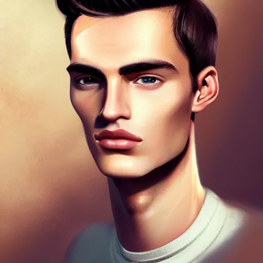 Image similar to tall man in his twenties with brown blond short quiff hair and thin slightly round facial structure with cleft chin, straight eyebrows and prominent nose, good definition of cheekbones, big hazel nut brown eyes, narrow face, slim body, atmospheric lighting, painted, intricate, 4 k, highly detailed by charlie bowater