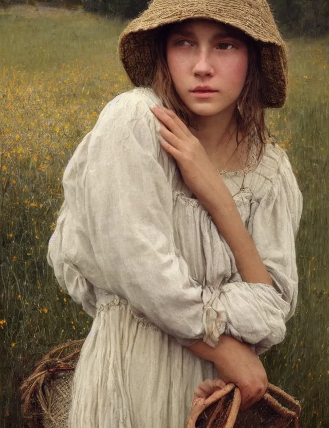 Image similar to shy and modest peasant girl long hair portrait, cottage core, cinematic focus, polaroid photo bleached vintage pastel colors high - key lighting, soft lights, foggy, by steve hanks, by lisa yuskavage, by serov valentin, by tarkovsky, 8 k render, detailed, oil on canvas