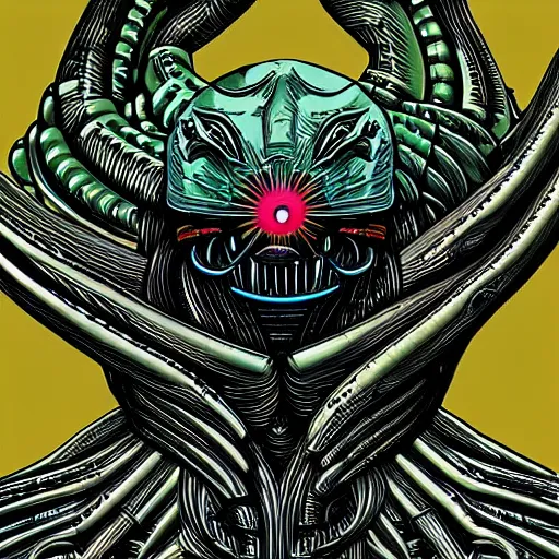 Image similar to “H.R. Giger's xenomorph reimagined Lisa James, 90s hyper color digital illustration”