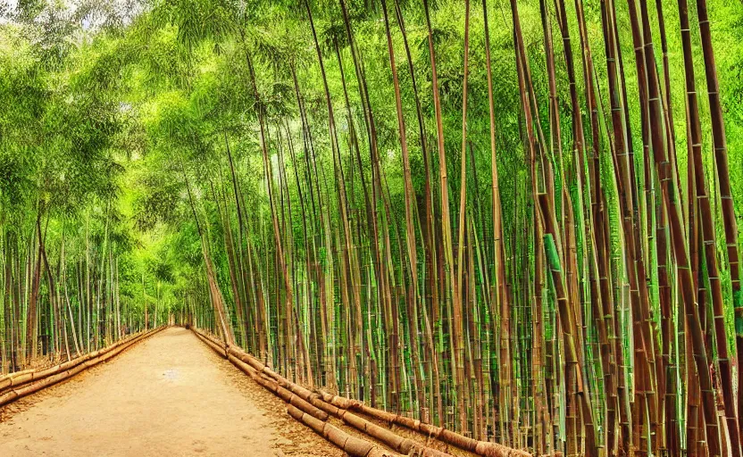 Prompt: green lush city with various trees and wooden buildings made from bamboo, built in death valley