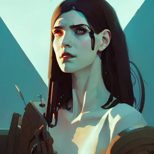 Image similar to portrait of cyberpunk greek goddess by atey ghailan, by greg rutkowski, by simon stalenhag, by greg tocchini, by james gilleard, by joe fenton, by kaethe butcher dynamic lighting, gradient light blue, brown, blonde cream and white color scheme, grunge aesthetic