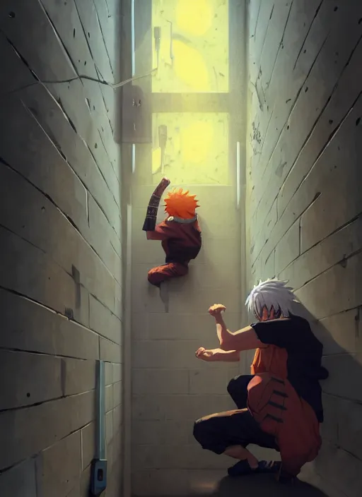 Image similar to highly detailed prison cell with naruto uzumaki with black hair, punching a wall, art by greg rutkowski, loish, rhads, ferdinand knab, makoto shinkai and lois van baarle, ilya kuvshinov, rossdraws, tom bagshaw, global illumination, radiant light, detailed and intricate environment