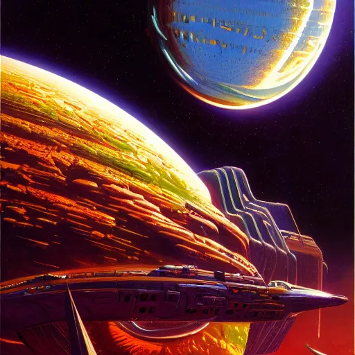 Prompt: cinematic view of a retrofuturistic space station orbiting an earth - like planet, tim hildebrandt, wayne barlowe, syd mead, john harris, bruce pennington, donato giancola, larry elmore, oil on canvas, artstation, pixiv, cinematic composition, dramatic, beautiful lighting, sharp, details, hd, hdr, 4 k