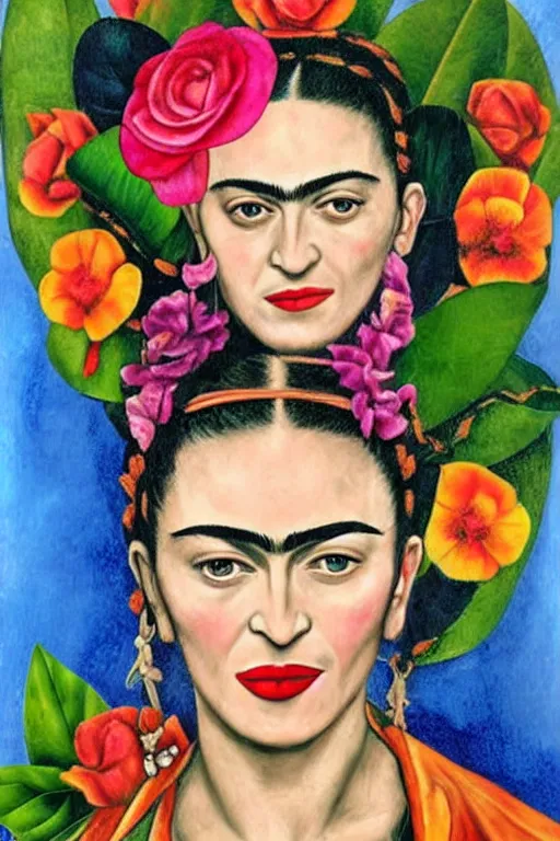 Prompt: Madonna in Frida Kahlo painting style