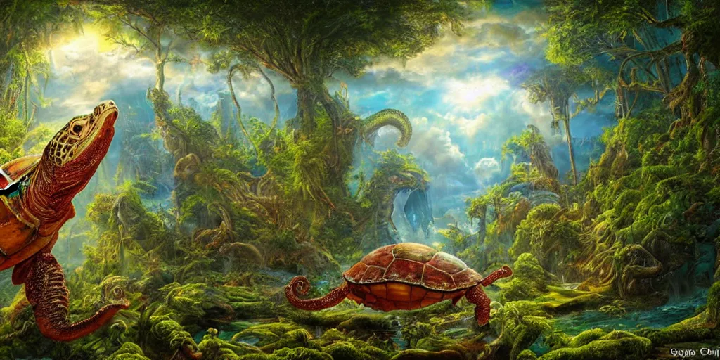 Image similar to fantasy oil painting, great leviathan, turtle cephalopod terrapin reptilian pachyderm amphibian hybrid, rainforest mountains, lush plants flowers, epic natural light, bright clouds, luminous sky, outer worlds, bright cinematic lighting, michael cheval, michael whelan, vray, 8 k hd