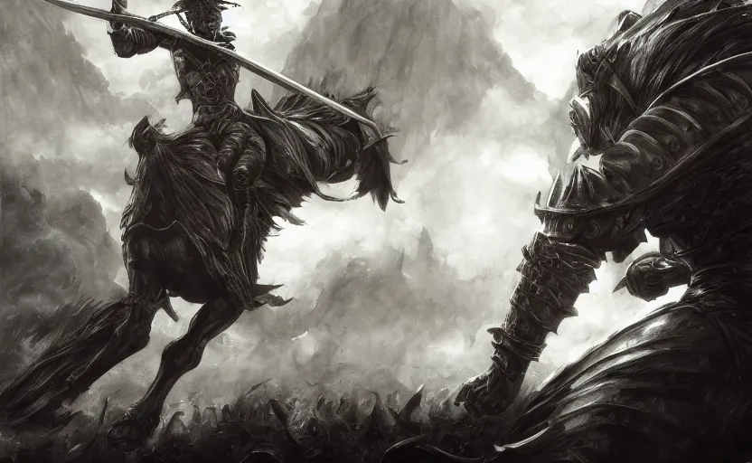 Prompt: a knight with a large sword, digital painting masterpiece by kentaro miura and frank frazetta, hyper detailed, realism, gorgeous, beautiful, 4 k manga wallpaper, inspired by berserk, elden ring concept art